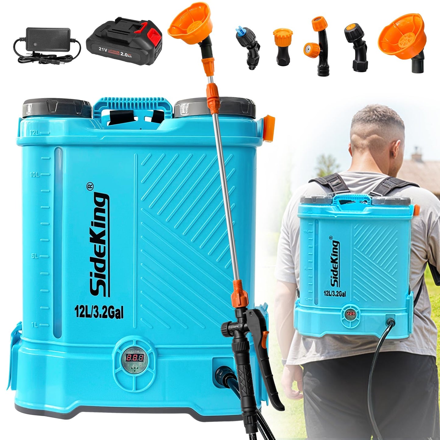SideKing Battery Powered Backpack Sprayer 3.2 Gallon, 0-80 PSI Adjustable Pressure Sprayer Compatible with Makita 18V Battery, Electric Sprayer with Wand, 5 Nozzles, 2.0Ah Battery&Charger Included