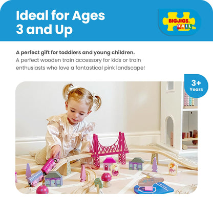 Bigjigs Rail Fairy Town Wooden Train Set | Railway Toy for Kids Age 3+ | Wood Track with Model Fairytale Village | Comes with Pink Wood Accessories & Figures | Educational Gift for Girls and Boys