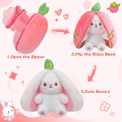 MIAODAM Bunny Stuffed Animal Reversible Cuddle Bunny Stuffed,Strawberry Bunny Transformed Rabbit Plush Zipper,Turns Into Ears Bunnies Plushies Toy Cute Stuffy Doll Easter