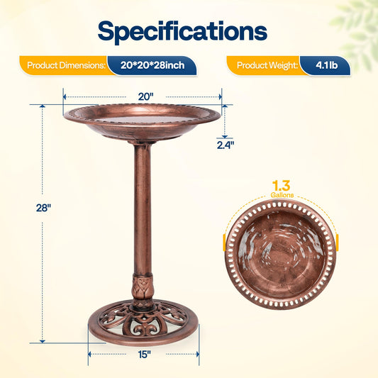 VIVOHOME Bird Bath for Outside, Polyresin Pedestal Bird Baths for Outdoor, Garden, 28 Inch Height Weather-Resistant Birdbaths with 20" Bowl, Antique Bronze