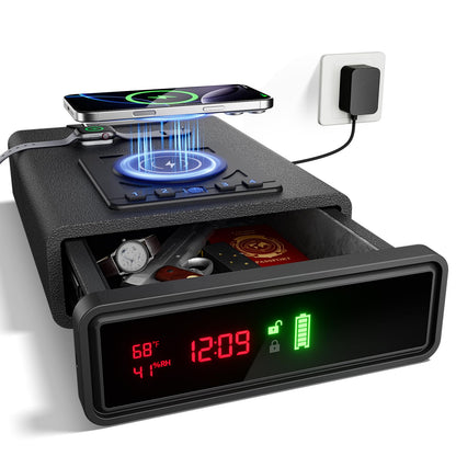 ORARAER Biometric Smart Gun Safe with Wireless Charging, 3 Quick Access Money Box with Fingerprint - Compact Bedside Drawer Safe, 24/7 Digital Clock handgun safe,Gifts for Men