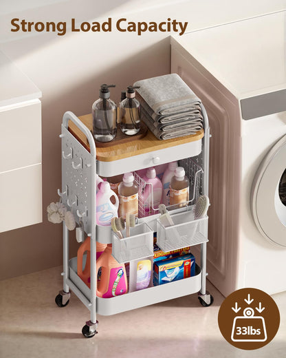 ALVOROG Rolling Cart with Drawer and Wood Table Top, 3 Tier Metal Rolling Utility Cart on Wheels with DIY Pegboards, Hanging Baskets, Hooks for Kitchen, Bedroom, Office, Craft Supplies