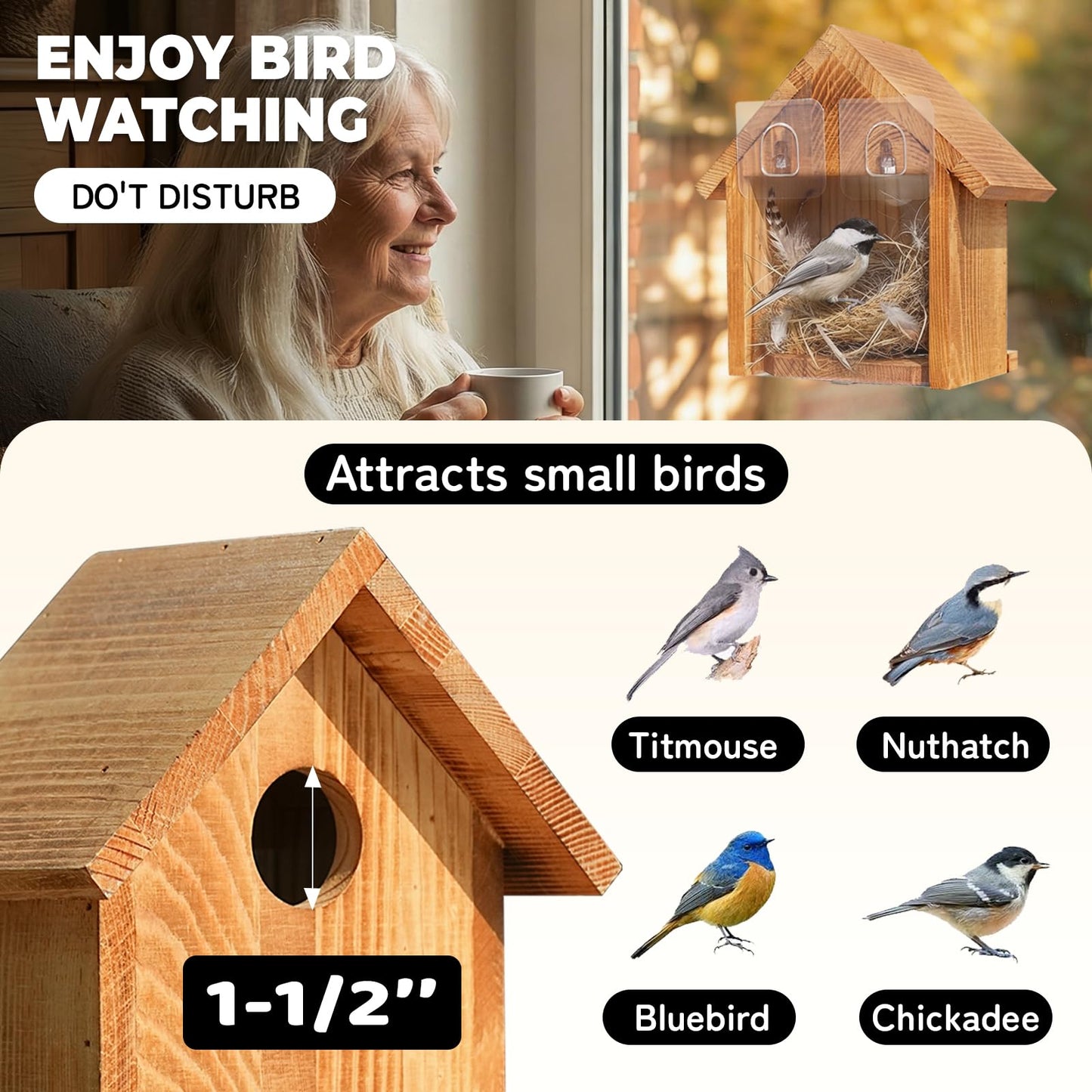Window Bird Houses for Outside with 2 Powerful Hooks, Clear Window Bird House for Viewing Inside, Hanging Wooden Birdhouses to Paint for Outdoors, Bird Nesting Box for Bluebird Finch Chickadee