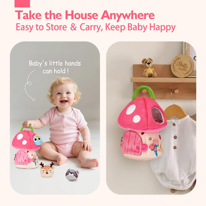 hahaland Baby Toys 6-12 Months - Montessori Toys for 6 Month Old Girl, My First Mushroom House with Stuffed Jungle Animals, Rattle, Crinkle Paper, Mirror, Sensory Toy Baby Girl Gifts