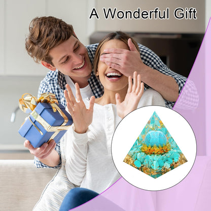 Saefheled The Flower of Life Orgone Pyramid, Natural Energy Turquoise Orgonite Crystal Healing Pyramid, for Reduce Stress, Balance Chakra, Meditation Attract Luck, Accumulate Wealth & Health (6cm)