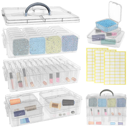 Guyuyii Bead Organizers and Storage with Labels and Handle - 58 Pcs Small Plastic Bins with Lids and 3-Tier Stackable Clear Bead Storage for Diamond Painting, Seed Beading & Jewelry Making (3 Sizes)