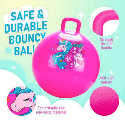 U&C Planet Hopper Ball,18 inches Bouncy Ball with Handle for Kids Age 3-6, Sit on Bounce Jumping Hopping Toy with Pump, Great Toddler Girls Toys for Birthday Gifts, Pink Unicorn