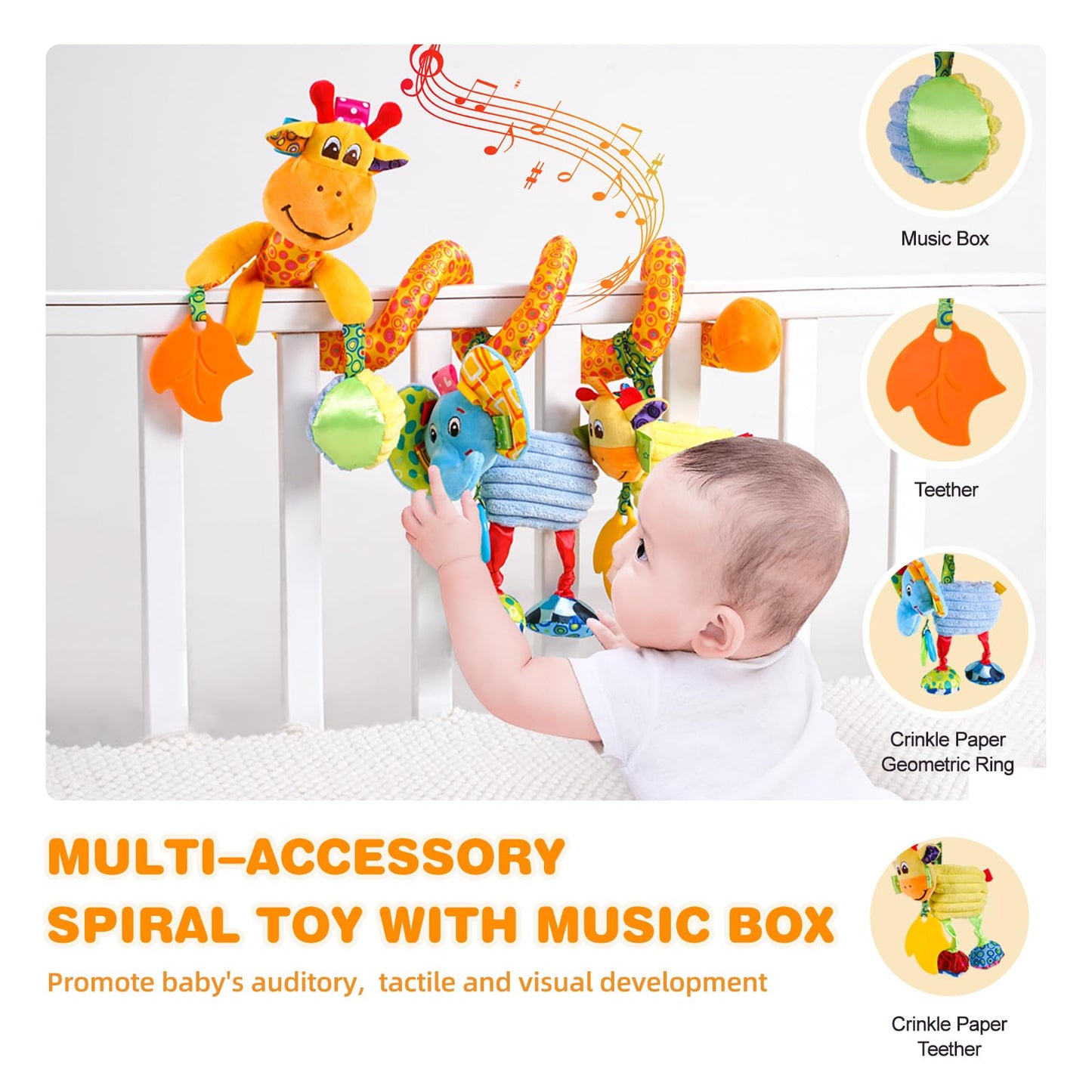 Jollybaby Crib Stroller Car Seat Toys for Baby 0-3-6-9-12 Months, Tummy Time Hanging Sensory Toys for Newborn with Music Box and Teether, Spiral Carseat Toy for Infant Boys Girls Gifts (Giraffe)