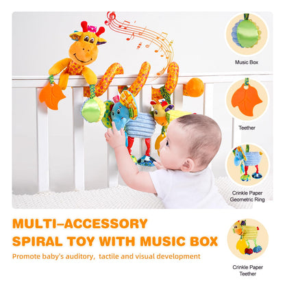Jollybaby Crib Stroller Car Seat Toys for Baby 0-3-6-9-12 Months, Tummy Time Hanging Sensory Toys for Newborn with Music Box and Teether, Spiral Carseat Toy for Infant Boys Girls Gifts (Giraffe)