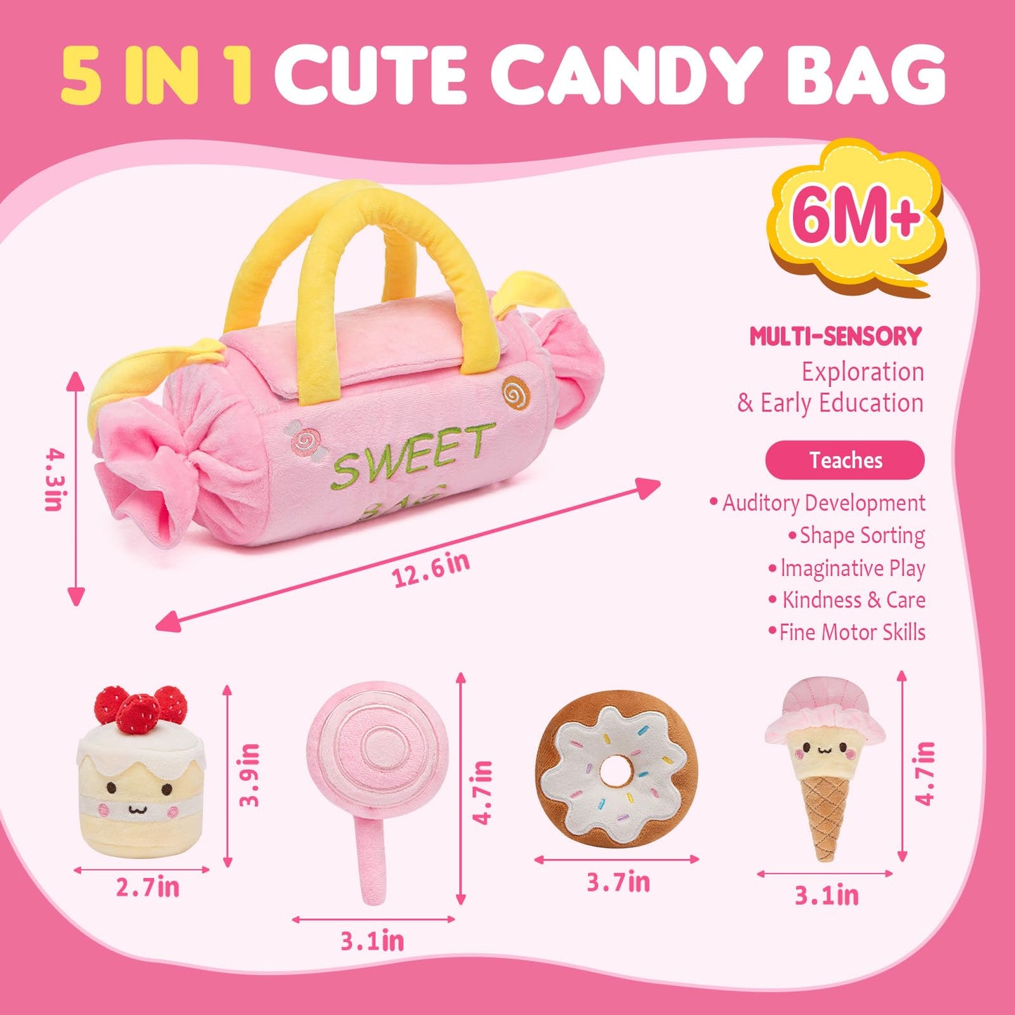GNAYUIJ Baby Toys 6-12 Months,My First Candy Bag Plush Toy-5 Sensory dessert Soft Toys with Rattle, Crinkle Paper, Squeaker, Mirror,Busy Montessori Soft Toys for Toddlers,1st Birthday for Babies Girls