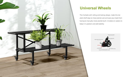 Zhongma 2 Tier Sturdy Metal Plant Stand with Wheels, L35.43 x W17.5 x H16.14 inch, Heavy Duty Plant Holder for Home Indoor and Outdoor,440 LBS Capacity & Heavy Duty Construction
