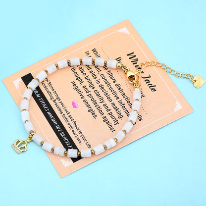 Natural Gemstone Healing Crystal White Jade Dainty Charms Crown Bracelet Adjustable Chain Extender Minimalist Jewelry
