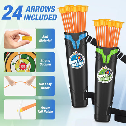 HYES 2 Pack Bow and Arrow for Kids, LED Light Up Archery Set with 24 Suction Cup Arrows, 1 Standing Target, 6 Score Targets & 2 Quiver, Indoor Outdoor Sport Gifts for Boys Girls Ages 4-8