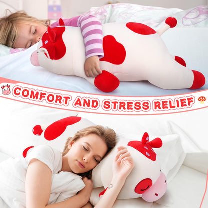 Auspicious beginning 30'' Giant Mushroom Cow Plush Stuffed Animal-Cute Mushroom Cow Plush Body Pillow Plushies, Large Sleeping Cow Stuffed Animal Big Plushie Toy, Birthday Gifts for Kids Girls Boys