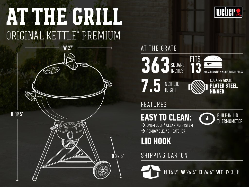 Weber Original Kettle Premium Charcoal Grill, 22-Inch, Green – Outdoor BBQ Grill with Built‑In Thermometer, Heat Control Dampers & One‑Touch™ Cleaning System