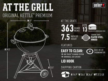 Weber Original Kettle Premium Charcoal Grill, 22-Inch, Green – Outdoor BBQ Grill with Built‑In Thermometer, Heat Control Dampers & One‑Touch™ Cleaning System