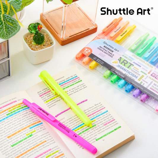 Shuttle Art Retractable Highlighters Assorted Colors, 12 Colors(6 Pastel & 6 Neon)Chisel Tip Fluorescent Markers, Quick-Dry Aesthetic Highlighter Pens for Kids Teens Adults, Perfect for School Office