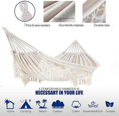 Outdoor Hammock Garden Cotton Hammock Macrame Fringe Hammocks Boho Balcony Hammocks with Handmade Tassels 2 Person Double Hamock 480lbs for Home,Backyard,Beach,Patio