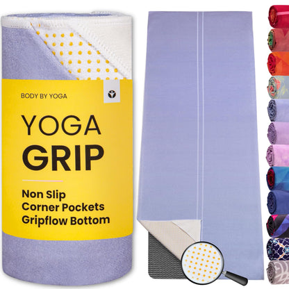 Yoga Grip Yoga Towel - Non Slip Hot Yoga Mat Towel With Corner Pockets, No-Skid Grip, and Built-in Alignment Lines | Soft, Moisture Wicking, and Sweat Absorbent | No Bunching, Stays in Place 72" x 25"