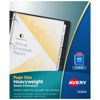 Avery Non-Glare Page-Size Sheet Protectors, Polypropylene, Pre-Punched for Use with Tab Dividers, Top Load, 50 Document Protectors (74204)