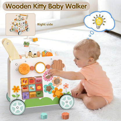 Wooden Baby Walker, Baby Push Walker with Wheels, 16-in-1 Montessori Activity Center Bead Maze Shape Sorter Xylophone, Height Adjustable Walking Toy 12+ Months, 1 Year Old Birthday Gifts Boys Girls