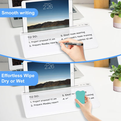 Desktop Glass Whiteboard with Storage, Desk White Board with Computer Keyboard Stand, White Dry Erase Board with Drawers for Home, School, Office Desk Organizers and Accessories