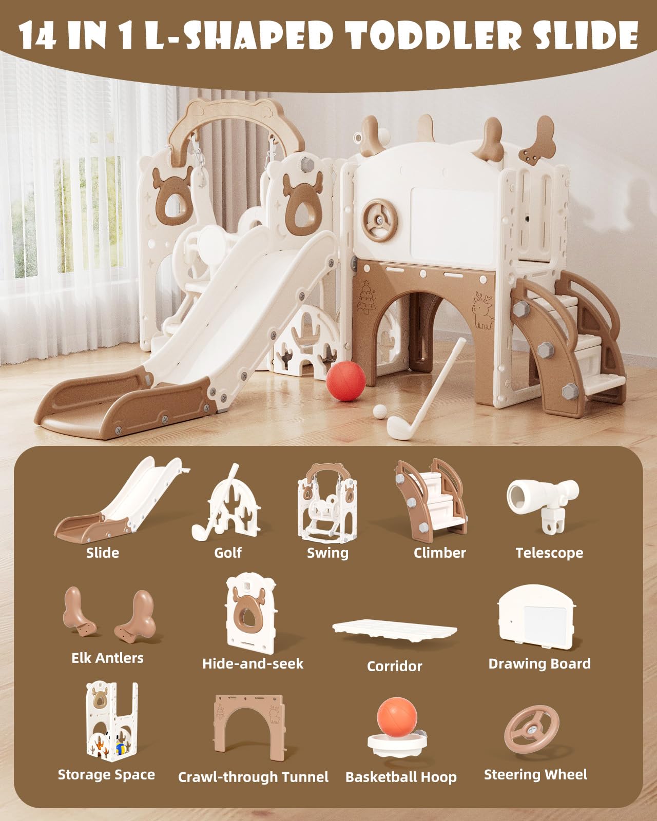 XJD 13-in-1 Toddler Slide and Swing Set, Kids Slide for Toddlers Age 1+, Toddler Outdoor Playset New Upgrade with Golf Set, Basketball Hoop, Drawing Board for Playground (Brown White)