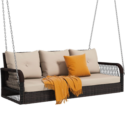 DWVO 3 Seats Porch Swing Hanging Bench Swing Outdoor Wicker Patio Swing Lounge Front Rattan 794lbs for Garden, Balcony, Brown&Beige