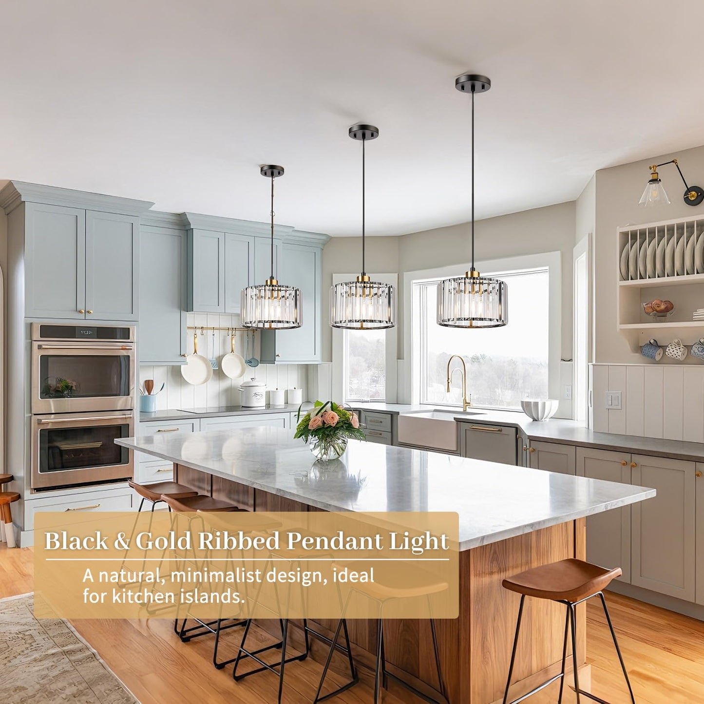 TALOYA Pendant Lights Kitchen Island Black and Gold, Crystal Pendant Light Modern for Dining Room, Height Adjustable Chandelier Hanging Island Light Fixtures for Kitchen Hallway(Bulb Not Included)