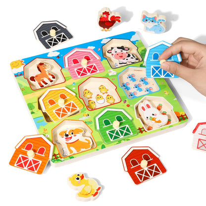 Toddler Wooden Puzzles Ages 1-3, Montessori Toys for 1 2 3 Year Old Boys Birthday Gifts, Farm Animal Peg Puzzles for Toddlers Age 2-4 Girls - Preschool Learning Activities