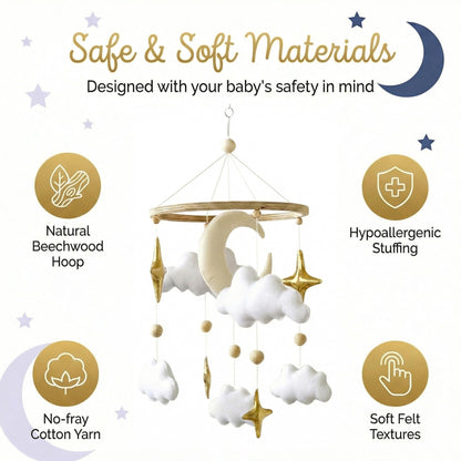 Emmnnic Baby Mobile for Crib - Handmade Modern Boho Baby Mobiles for Bassinet Felt Nursery Mobile Gender Neutral - Gold Moon and Stars - Girl Cribs Decorations