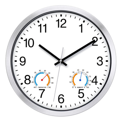 Caysie 12 Inch Indoor Outdoor Clocks Waterproof with Thermometer and Hygrometer Combo, Silent Battery Operated Quartz Metal Wall Clock for Patio Pool Bathroom Home (White)