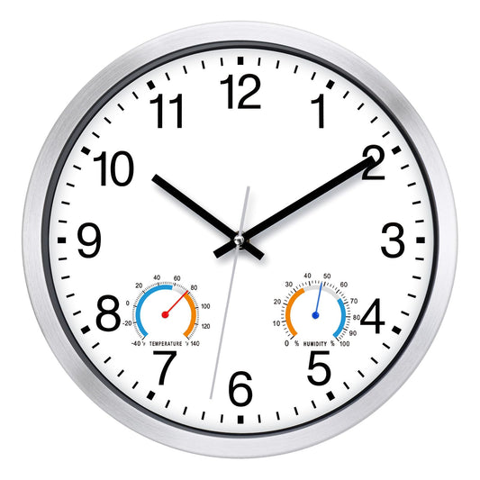 Caysie 12 Inch Indoor Outdoor Clocks Waterproof with Thermometer and Hygrometer Combo, Silent Battery Operated Quartz Metal Wall Clock for Patio Pool Bathroom Home (White)