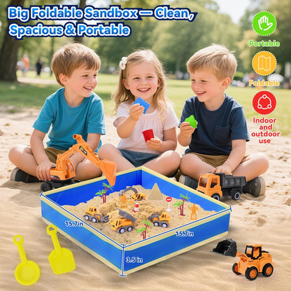Sensory Beach Toys for Toddlers - 44PCS Sand Construction Kit with 8 Trucks, Foldable Sandbox, 2.7lbs Magic Sand, Crane, Signs, Molds, Shovel – Outoor Toys for Boys & Girls Ages 3+