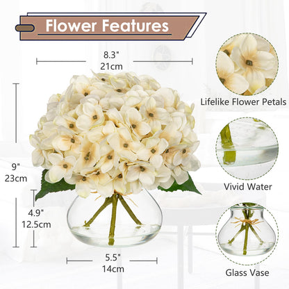 Hollyone Fall Hydrangea Artificial Flowers for Decoration with Glass Vase White Silk Fake Flower Arrangements with Faux Water Autumn Table Centerpiece Vase with Flowers Fall Decorations for Home