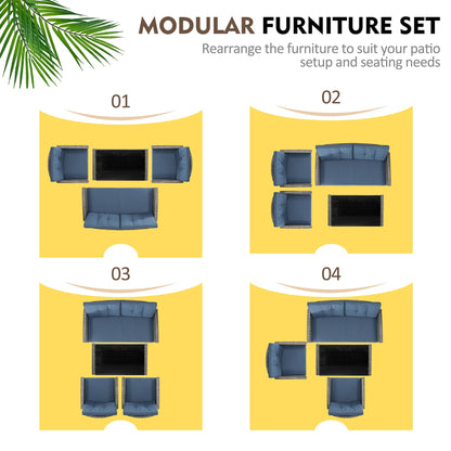 Shintenchi 4 Piece Patio Furniture Set, Outdoor Rattan Conversation Set with Coffee Table, Outside Wicker Sectional Sofa Couch with Cushion, Gray and Blue