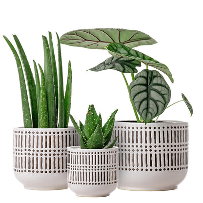 Docrin 3-Pack Ceramic Planters Set - 6.5"+5.3"+4" Dual-Tone Flower Pots with Drainage Holes, Modern Indoor Outdoor Planters for Succulents/Herbs/Large Plants, Home Office (Brownish Black & White)
