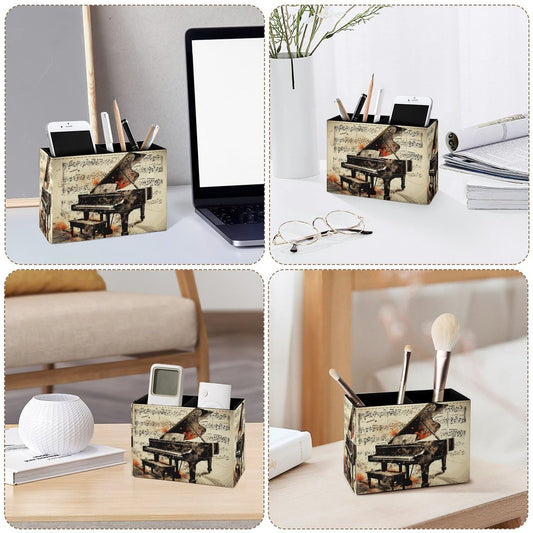 Famame Vintage Music Note Piano Pencil Holder for Desk, Leather Desktop Container Pen Cup Storage Study Table Pen Organizer Makeup Brush Holder for Classroom Office Home