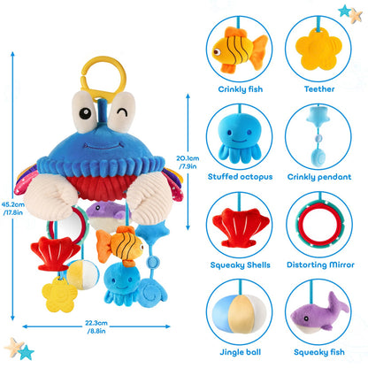 Car Seat Toys for Babies 0-6 Months, Hanging Sensory Crab Plush Toy for Stroller, Crib & Play Gym, Clip-On Montessori Infant Activity Toy with Mirror, Rattle & Teether, Newborn Baby Gifts 0-12 Months