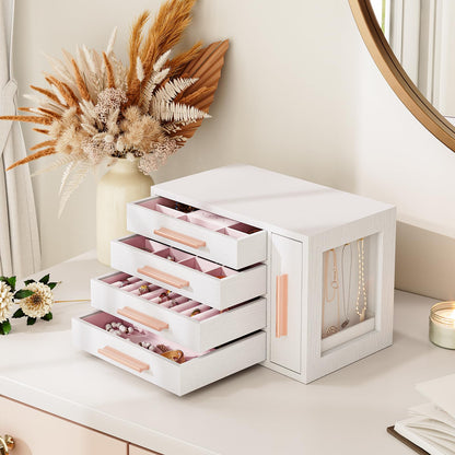 HOOBRO Jewelry Box for Women, Wooden Jewelry Organizer with Transparent Window, 4-Layer Jewelry Organizer Box, Jewelry Holder Organizer for Earrings, Necklaces, Rings, White and Gold WD09JB04