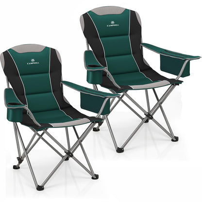 2 Pack Camping Chairs for Adults - Oversized Folding Lawn Chair with Angled Backrest,Heavy Duty 400lbs,Padded Camp Chairs with Cup Holder Side Pocket Cooler Bag for Outdoor,Sports,Beach,Fishing,Green