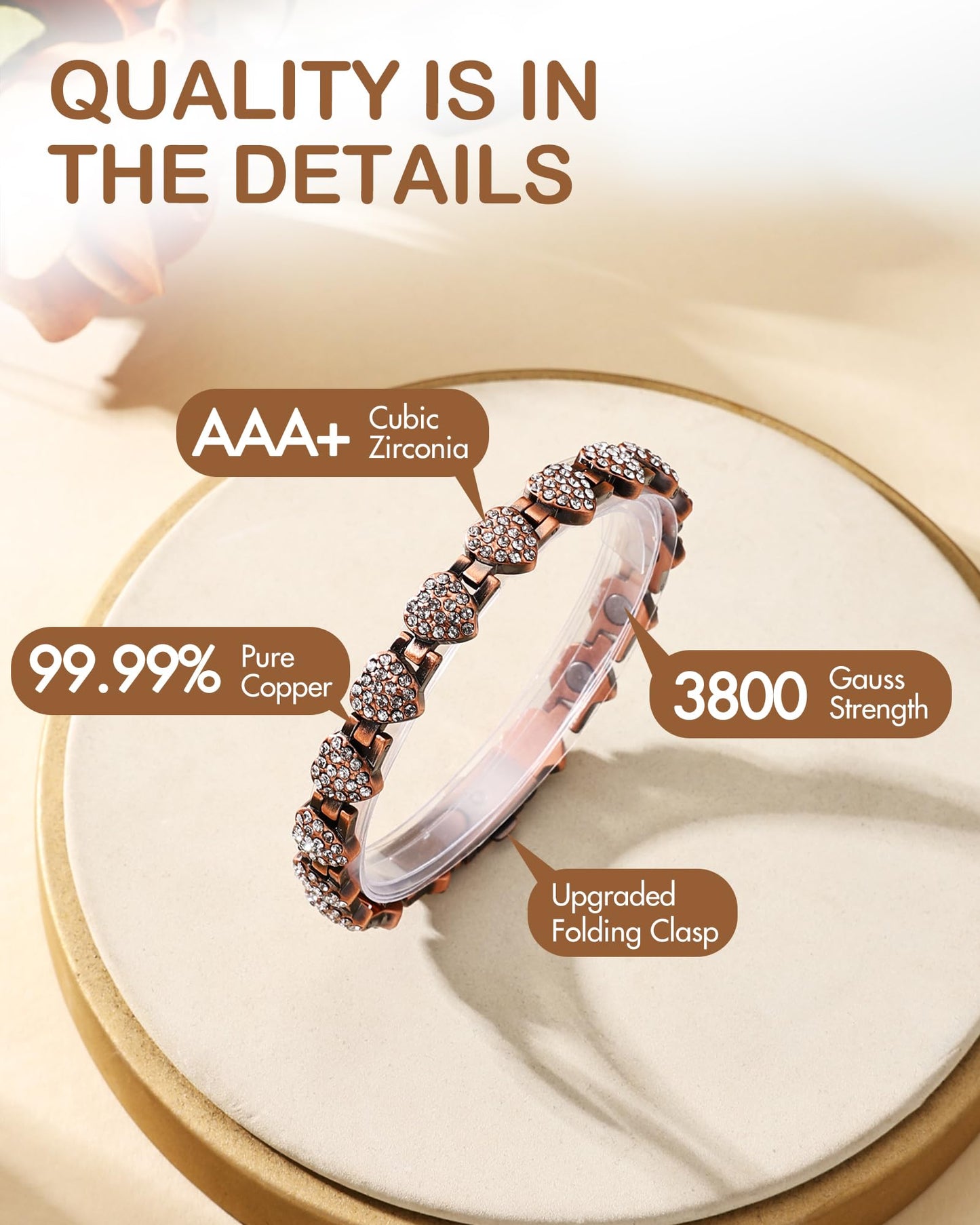 Feraco Copper Bracelets for Women, Ultra Strength Magnetic Bracelet with 3800 Gauss Neodymium Magnets & Dazzling Cubic Zirconia, Pure Copper Jewelry Gift, Heart Shape