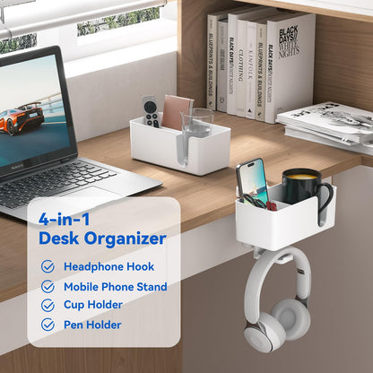 KDD 4-in-1 Desk Organizer - Under Desk Cup Holder and Headphone Hanger with 2 Wire Holes - Rotating Hanger and Detachable Storage for Cup, Phone and Pen (White)