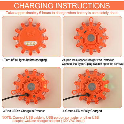 AK LED Road Flares Rechargeable Safety Flashing Warning Light Roadside Emergency Disc Beacon Kit for Vehicles Boats with Magnetic Base & Hook & USB Charging Cables (4 Pack)