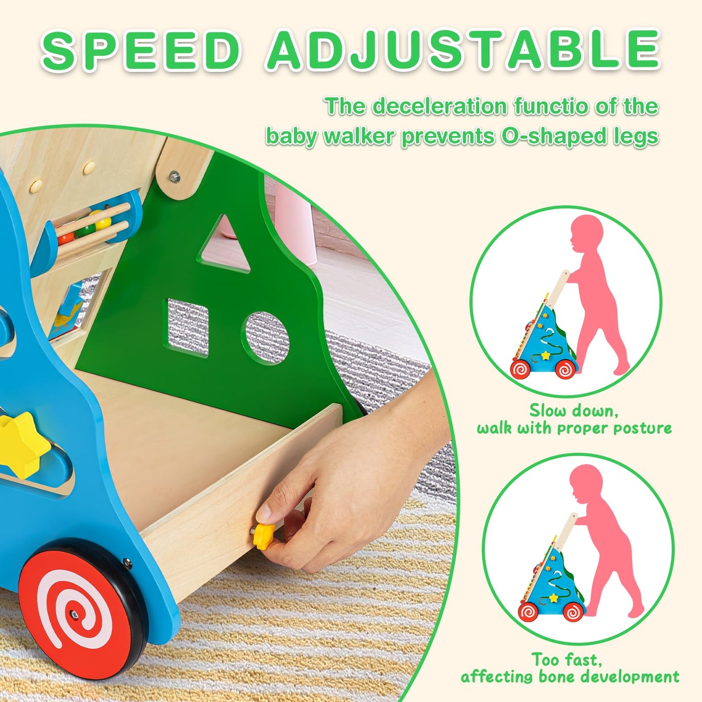 HUZU Wooden Baby Walker with Wheels, Montessori Push and Pull Activity Center for Toddlers, Adjustable Height & Speed, Learning Toy for 6-12 Months 1-3 Years Old Boys and Girls (Rainbow)