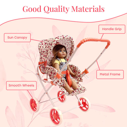 Baby Doll Stroller Play Set, 3-in-1 Babydoll Stroller with Removable Bassinet Baby Carriage for Dolls Toy Doll Stroller for Toddlers 3-4 Years, (Floral)