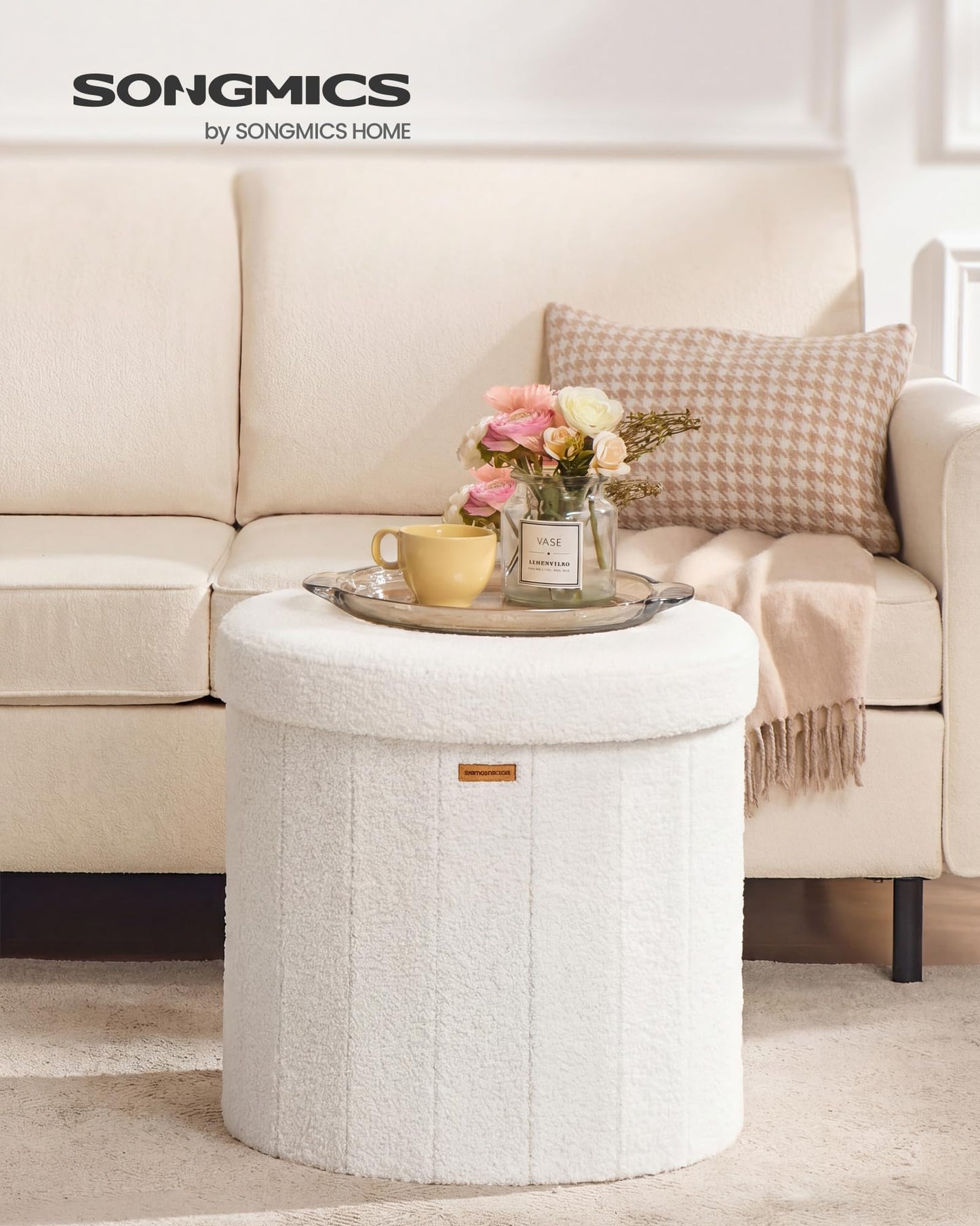 SONGMICS Mazie Collection - Round Storage Ottoman, Folding Footrest Stool with Removable Lid, Easy Assembly, Teddy Fleece Vanity Stool for Bedroom, Living Room, Entryway, Cream White ULSF606W01
