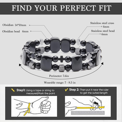 Christian Gifts for Men, Jesus Cross Bracelet for Men Handmade Double Elastic Beaded Bracelets Natural Crystal Gemstone Religious Jewelry for Boyfriend Husband Birthday Anniversary (Black Obsidian)