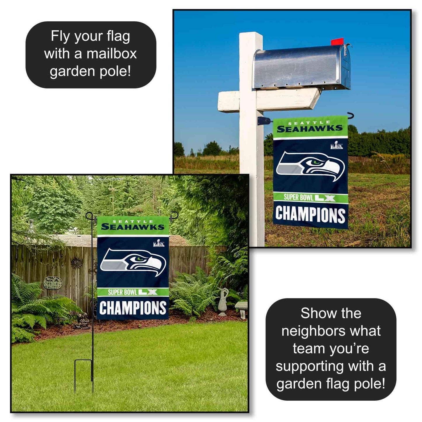 Seattle Seahawks Super Bowl LX Champions Yard Garden Banner Flag