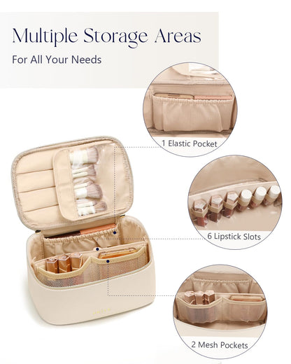 Prite Makeup Bag, Large Capacity Portable Travel Cosmetic Bag, Waterproof Makeup Organizer for Women with Handle and Divider (001 Beige)
